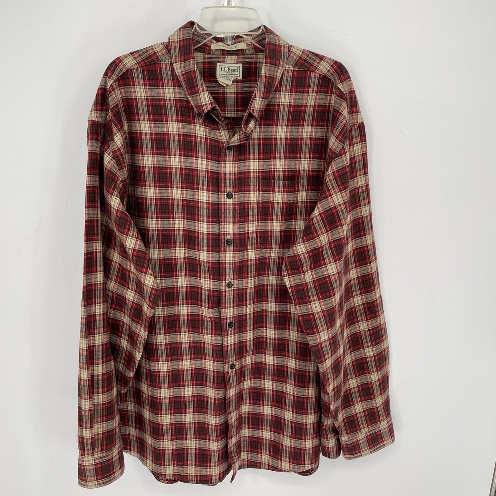 LL Bean Men's Red Plaid Traditional Fit Flannel Button Front Shirt Size XXL Reg